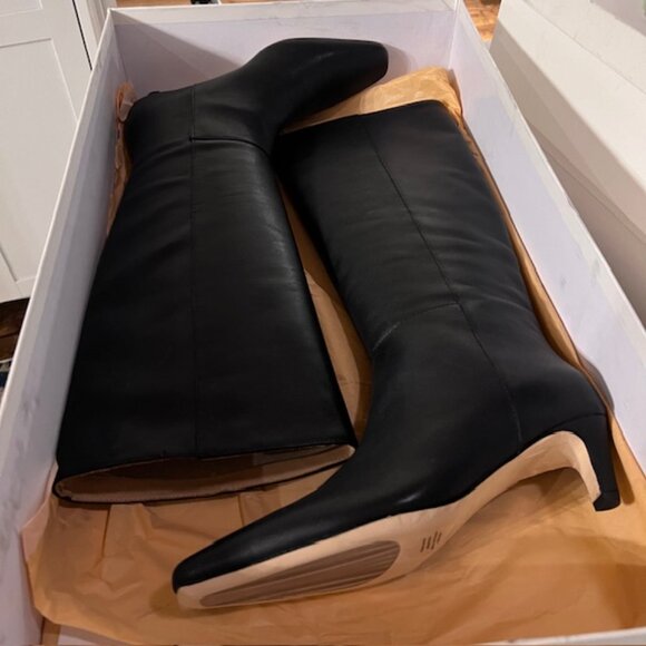 Quince Italian Leather Tall Kitten Heel Boots Black Knee High - Picture 2 of 2